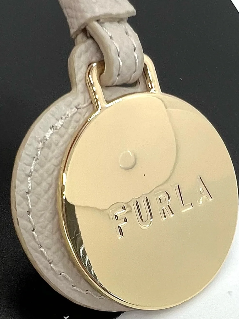 Furla Leather Gold Arch Round Logo Handbag Bag Charm Key Ring Beige